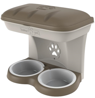 Feed and water bowls - Practical stand for standing or hanging - Storage space